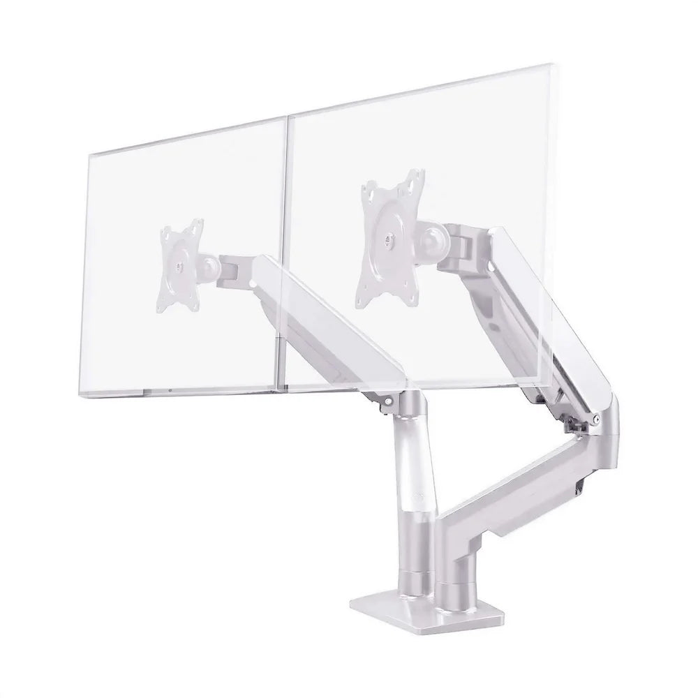 White dual monitor stand with two screens on a white background
