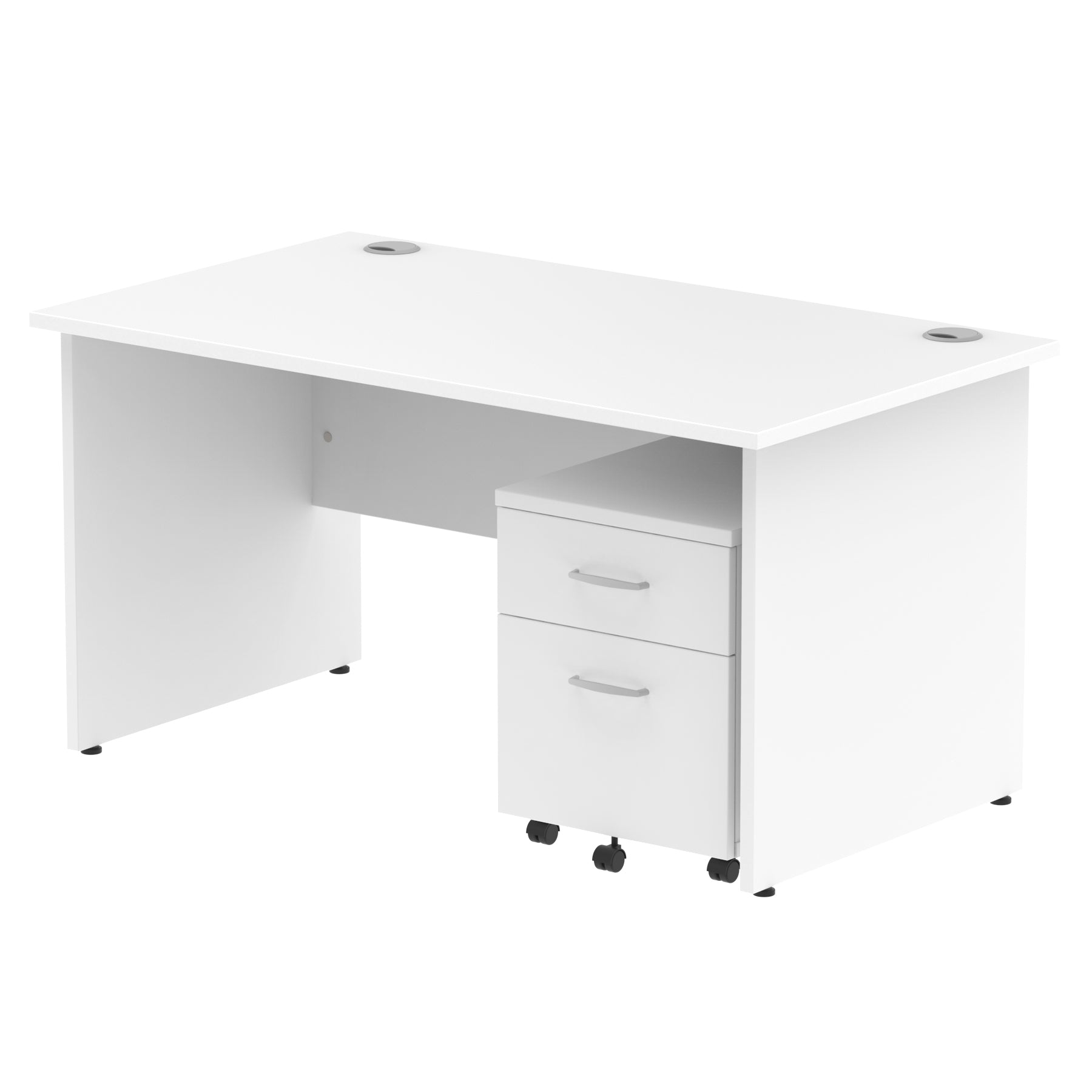 Bundle white office desk with a mobile 2-drawer pedestal on a white background