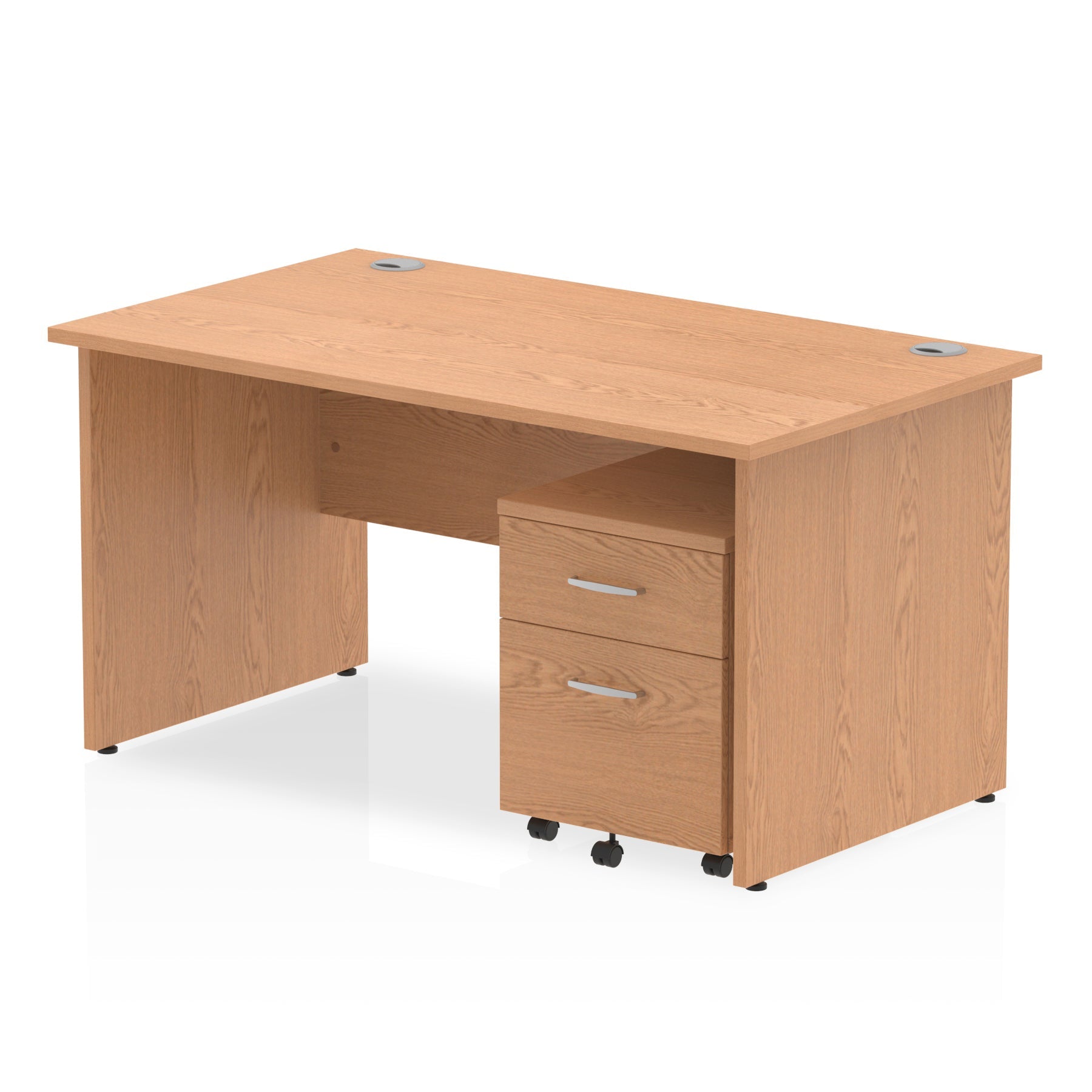 Bundle wood-effect office desk with a mobile 2-drawer pedestal on a white background