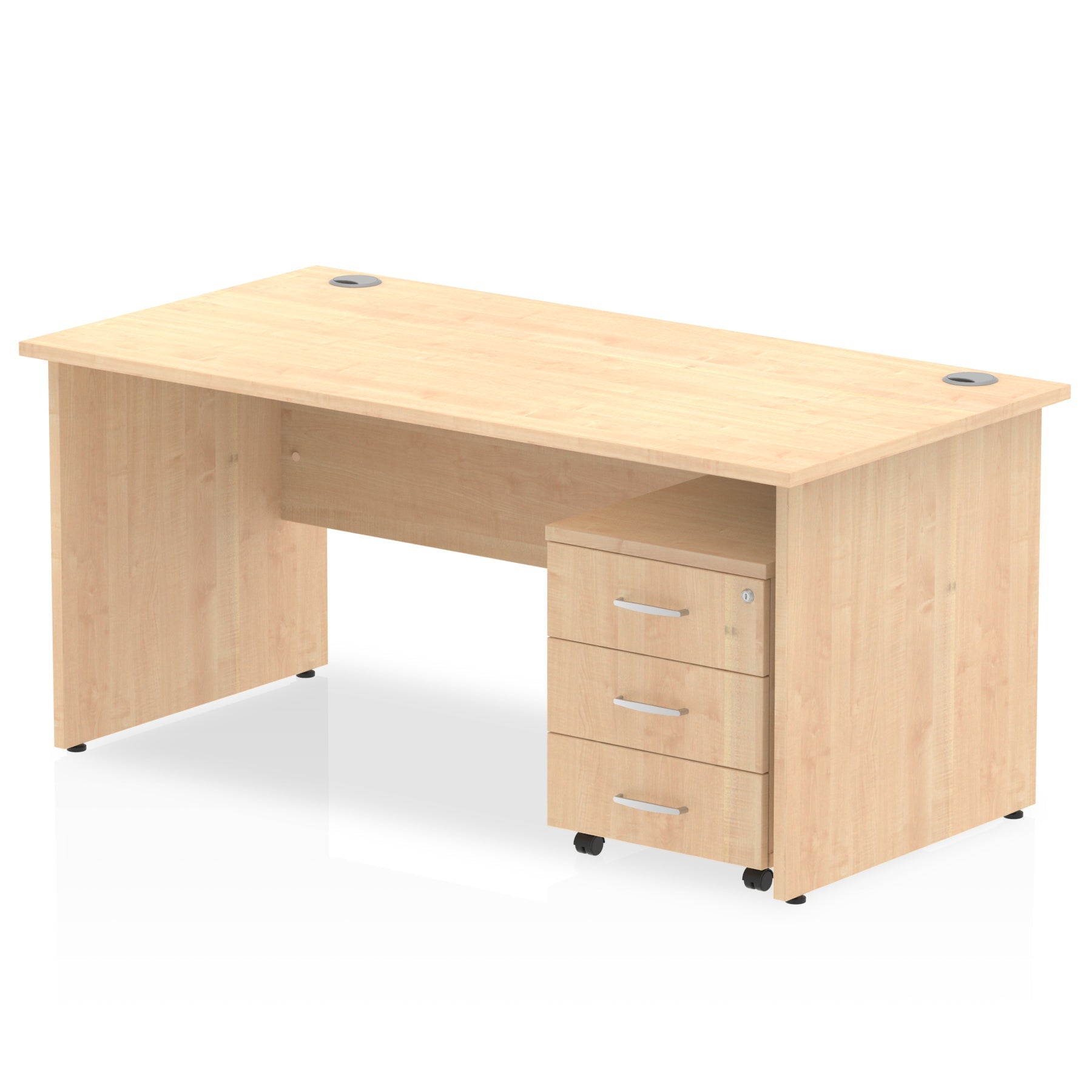 Bundle wood-effect office desk with a mobile 3-drawer pedestal on a white background