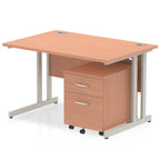 Wood-effect office desk with a matching pedestal unit and a metal frame on a white background