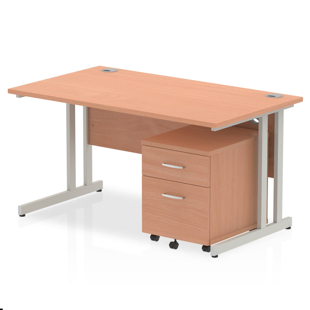 Wood-effect office desk with a matching pedestal unit and a metal frame on a white background