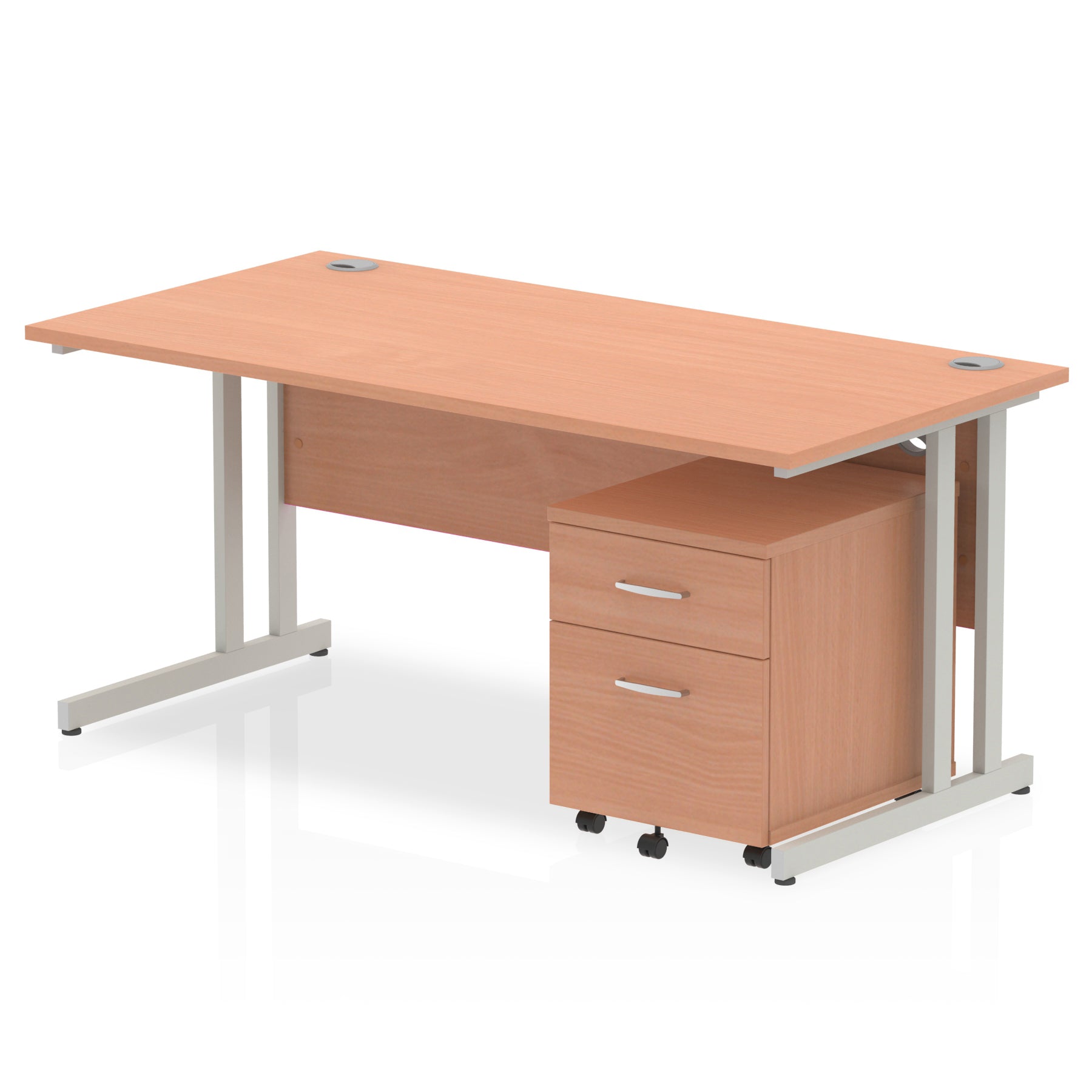Wood-effect office desk with a matching pedestal unit and a metal frame on a white background