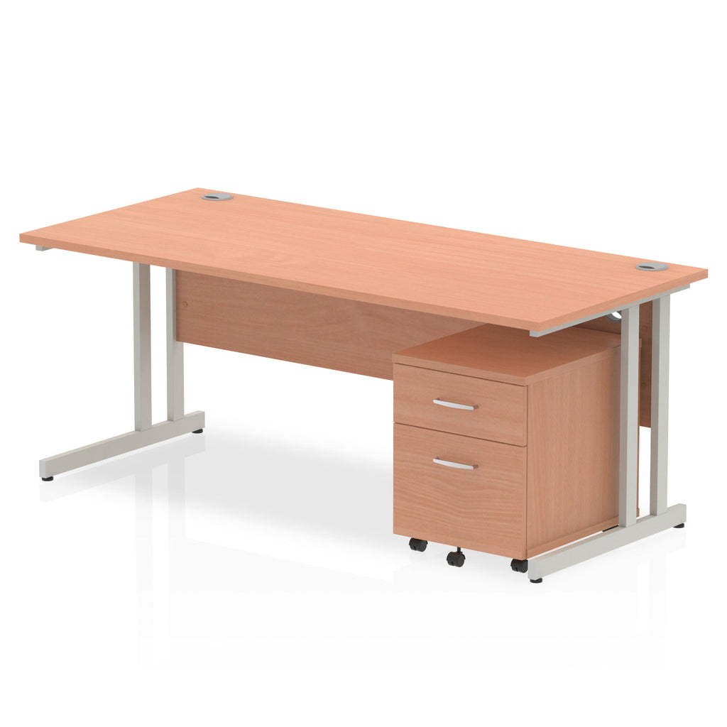 Wood-effect office desk with a matching pedestal unit and a metal frame on a white background