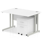 White office desk with a matching pedestal unit and a metal frame on a white background