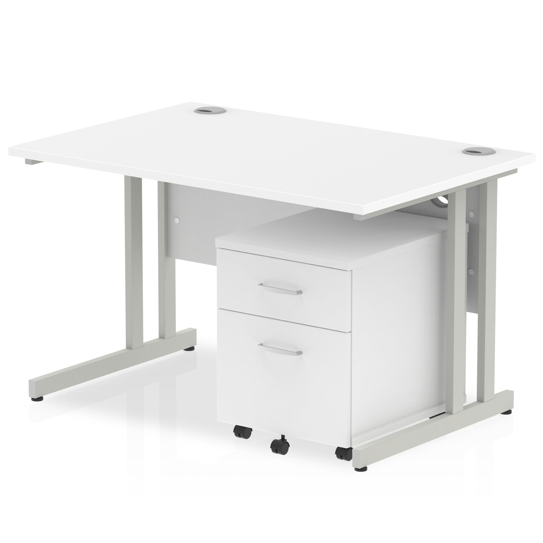 White office desk with a matching pedestal unit and a metal frame on a white background