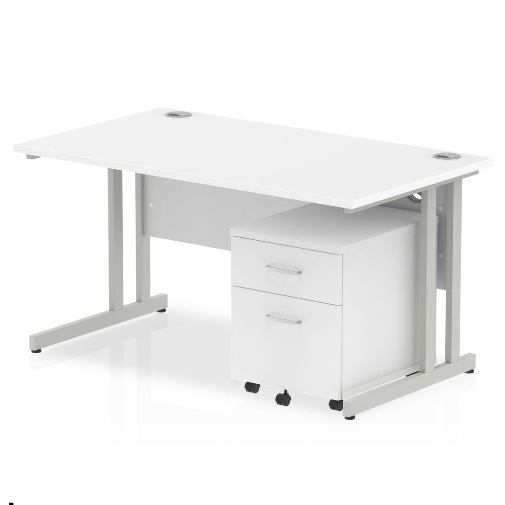 White office desk with a matching pedestal unit and a metal frame on a white background