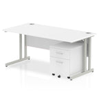 White office desk with a matching pedestal unit and a metal frame on a white background