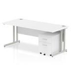 White office desk with a matching pedestal unit and a metal frame on a white background