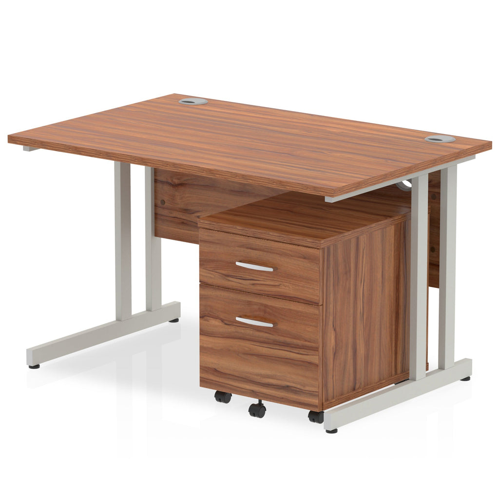Wood-effect office desk with a matching pedestal unit and a metal frame on a white background