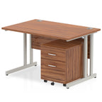 Wood-effect office desk with a matching pedestal unit and a metal frame on a white background
