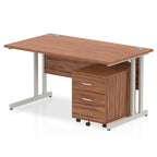 Wood-effect office desk with a matching pedestal unit and a metal frame on a white background
