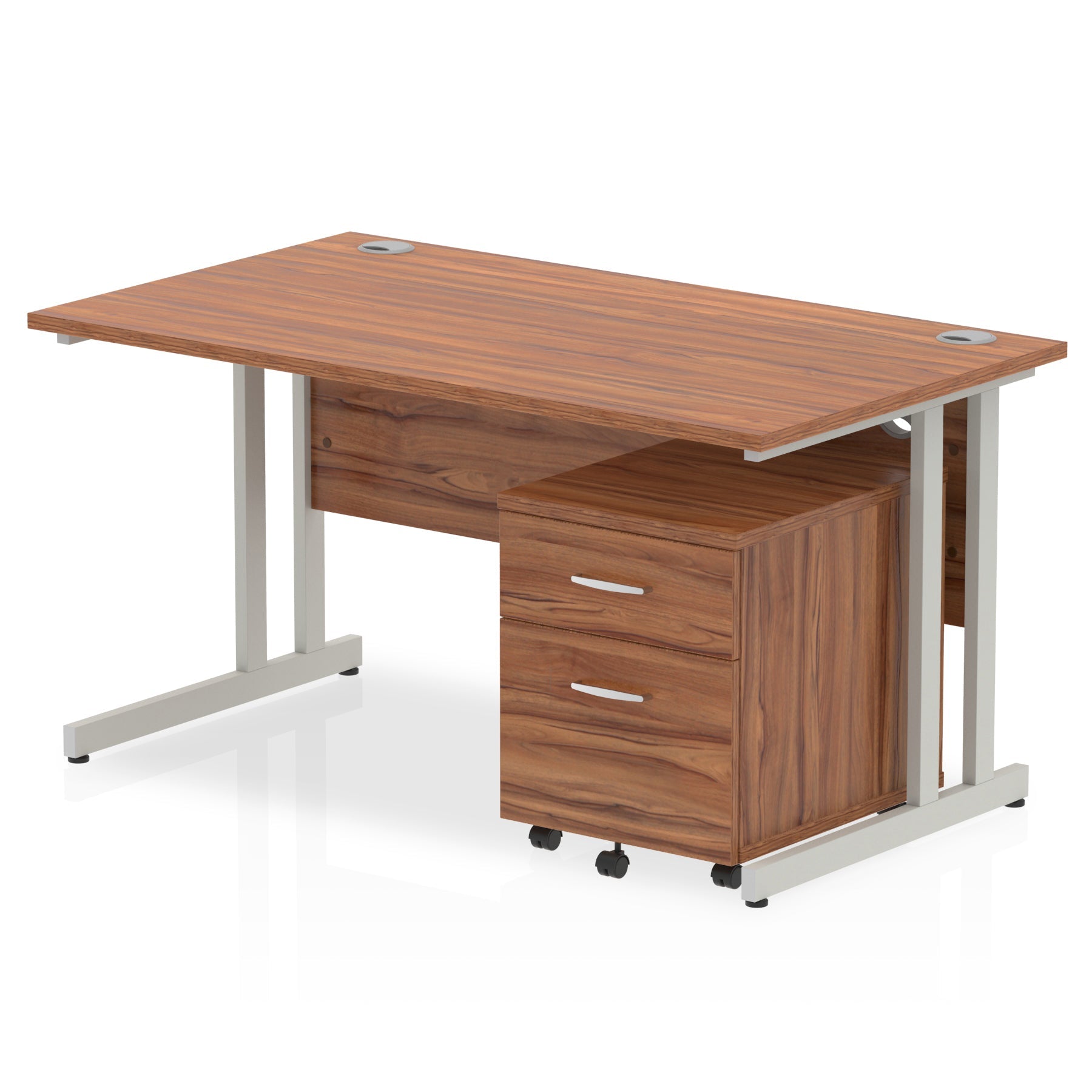 Wood-effect office desk with a matching pedestal unit and a metal frame on a white background