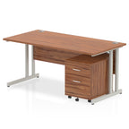 Wood-effect office desk with a matching pedestal unit and a metal frame on a white background