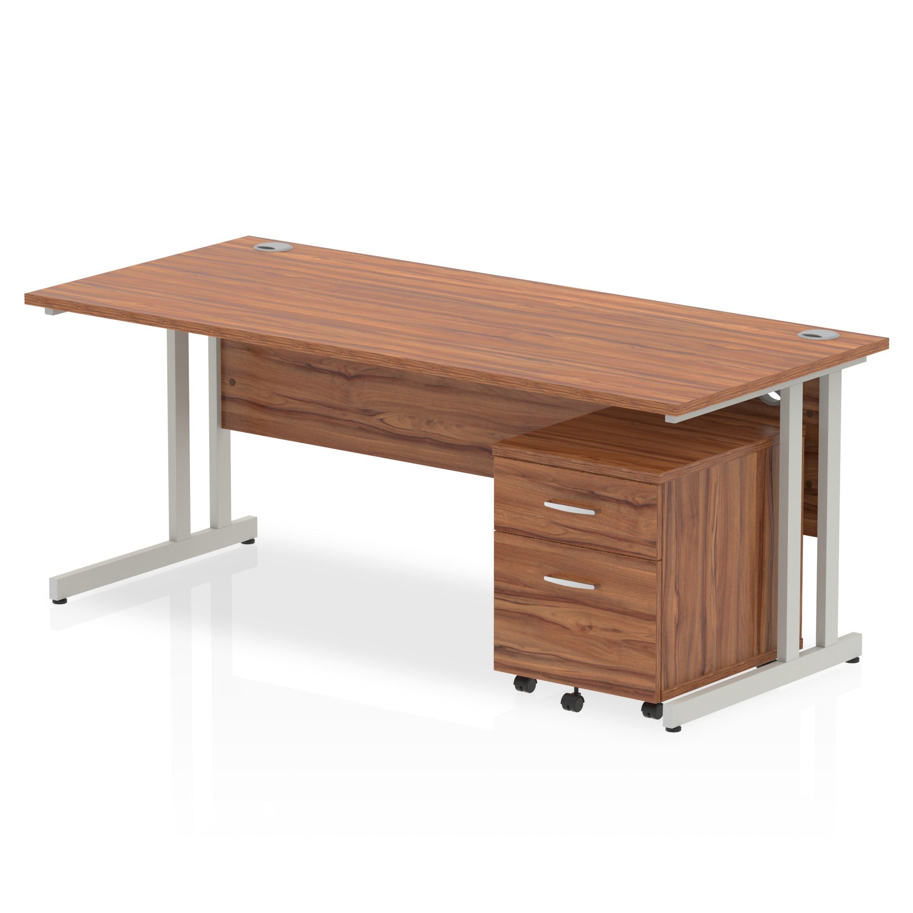 Wood-effect office desk with a matching pedestal unit and a metal frame on a white background