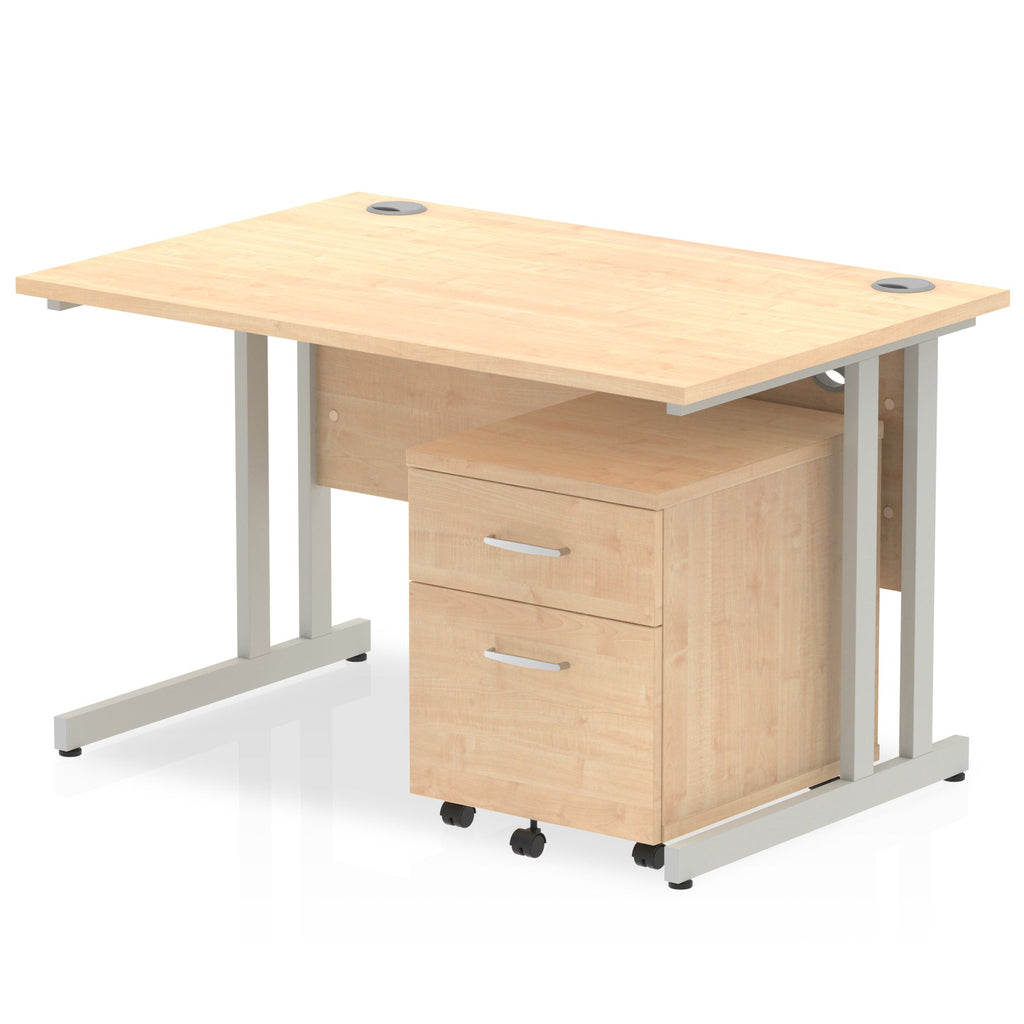Wood-effect office desk with a matching pedestal unit and a metal frame on a white background