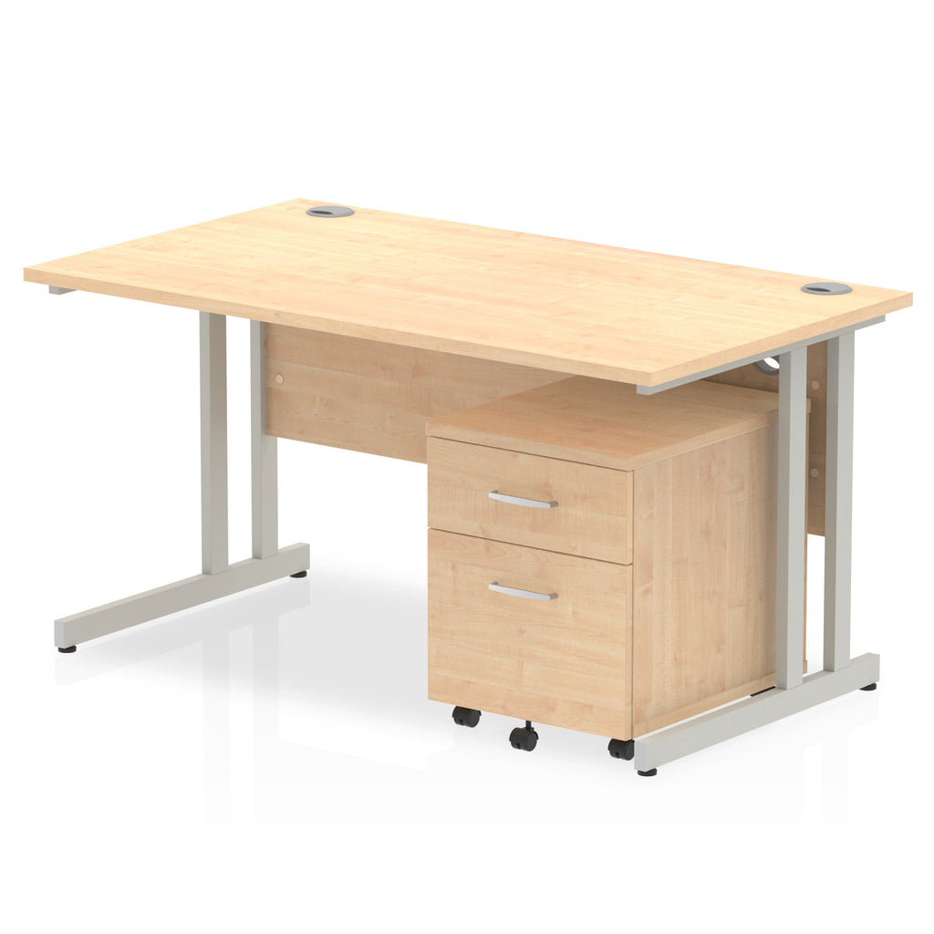 Wood-effect office desk with a matching pedestal unit and a metal frame on a white background
