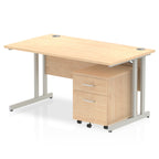Wood-effect office desk with a matching pedestal unit and a metal frame on a white background