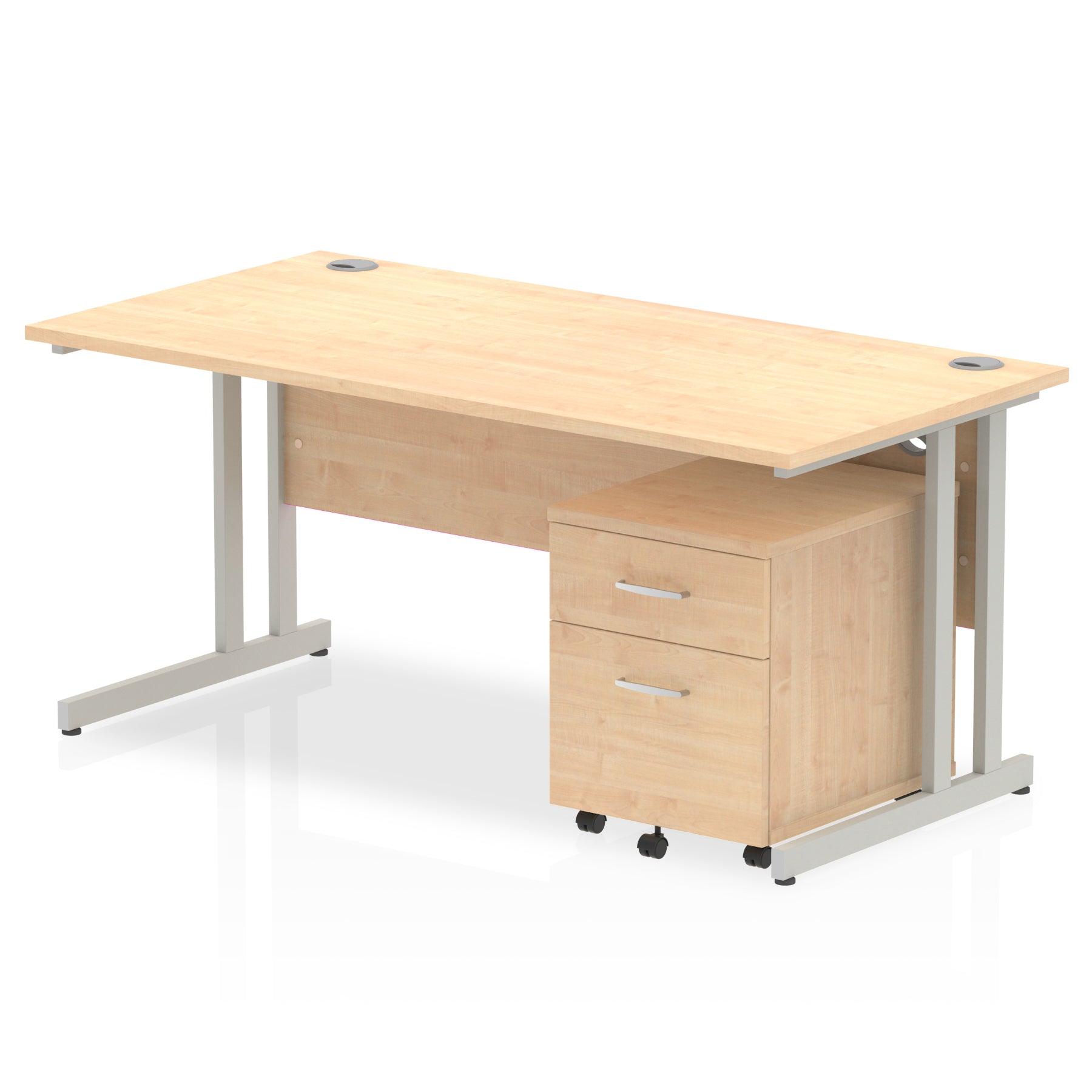 Wood-effect office desk with a matching pedestal unit and a metal frame on a white background