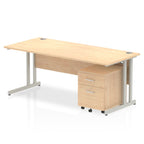 Wood-effect office desk with a matching pedestal unit and a metal frame on a white background
