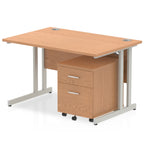 Wood-effect office desk with a matching pedestal unit and a metal frame on a white background
