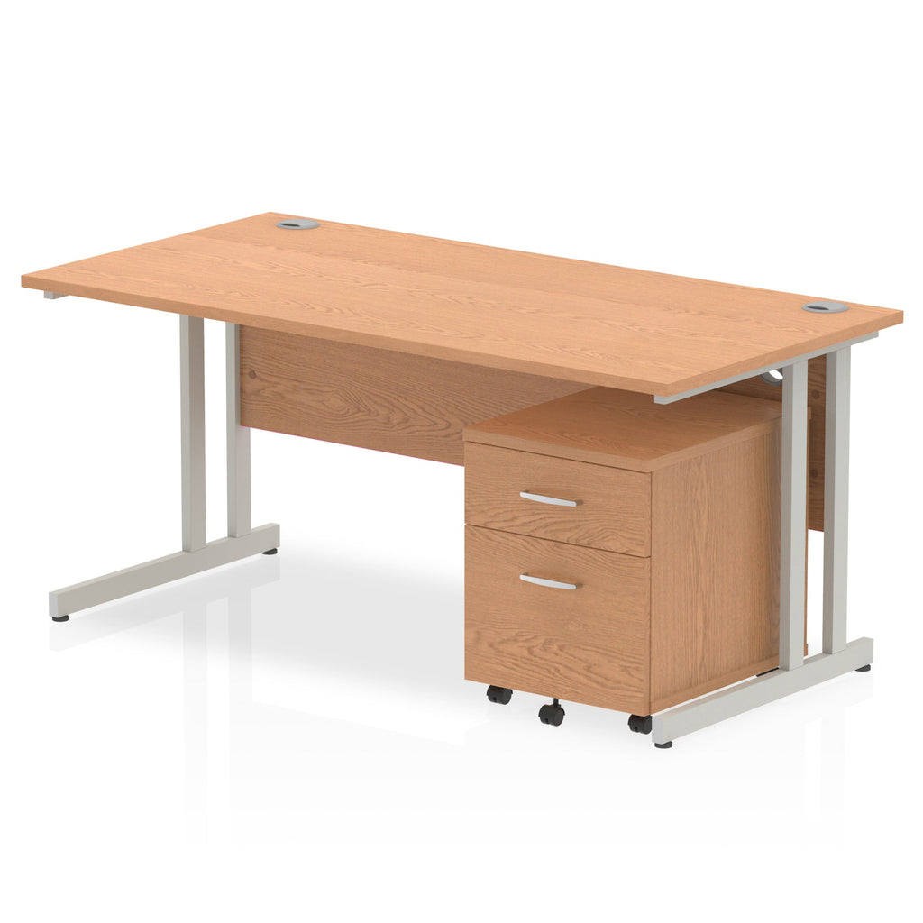 Wood-effect office desk with a matching pedestal unit and a metal frame on a white background