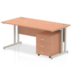 Wood-effect office desk with a matching pedestal unit and a metal frame on a white background