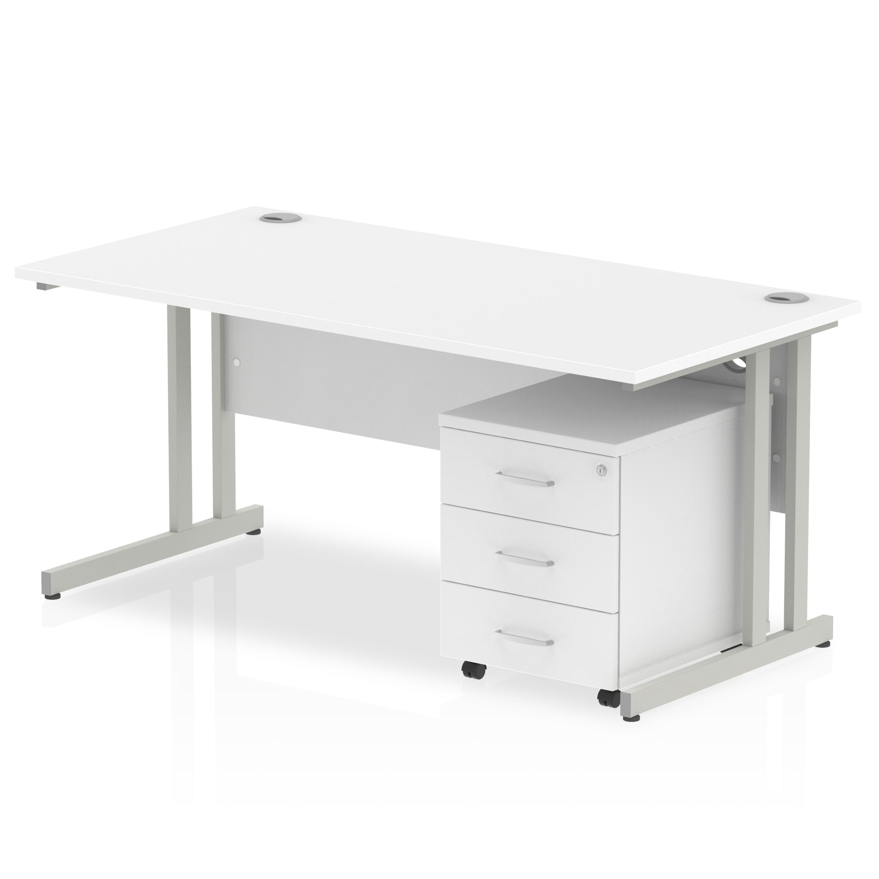 White office desk with a matching pedestal unit and a metal frame on a white background