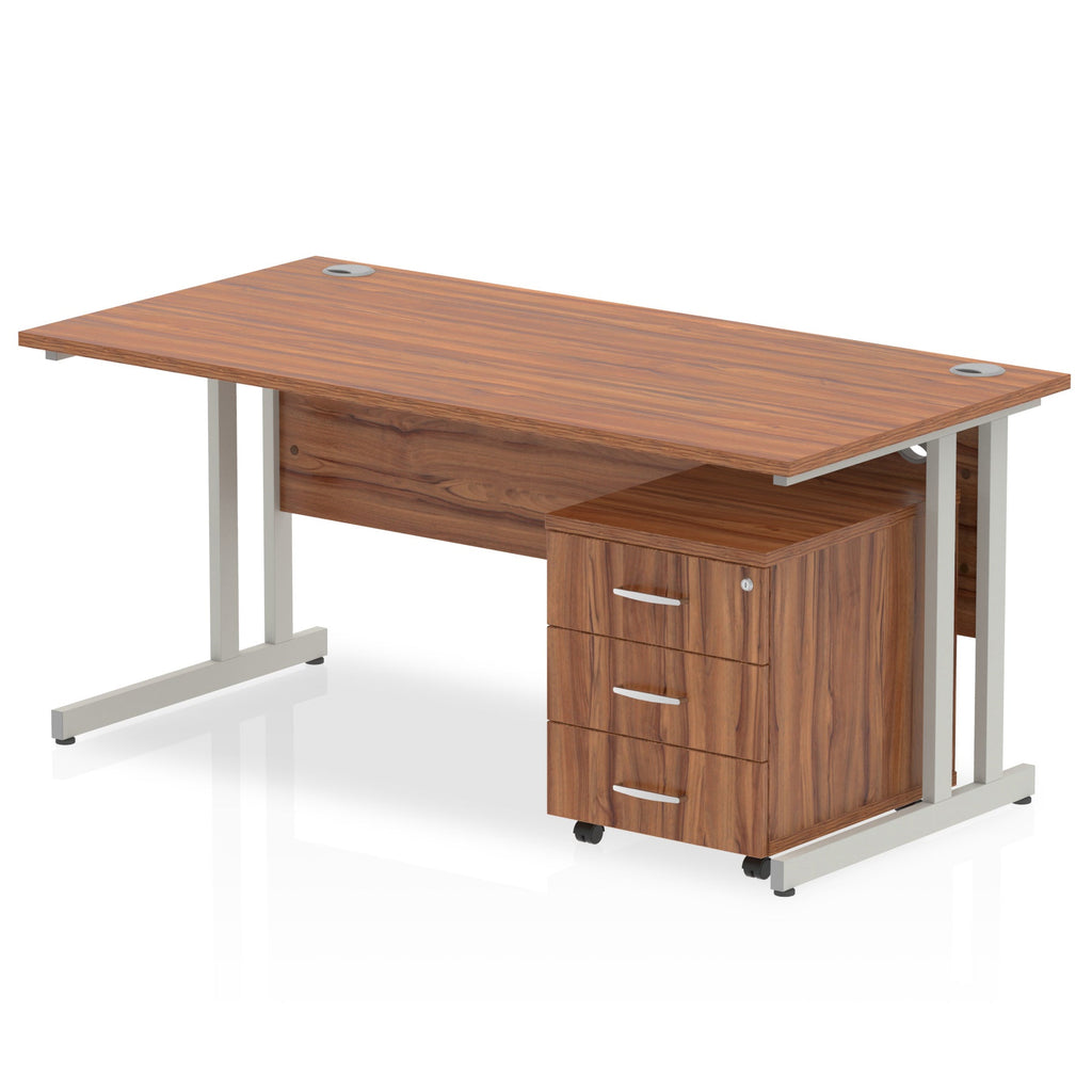 Wood-effect office desk with a matching pedestal unit and a metal frame on a white background