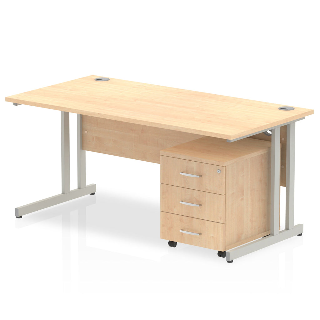 Wood-effect office desk with a matching pedestal unit and a metal frame on a white background