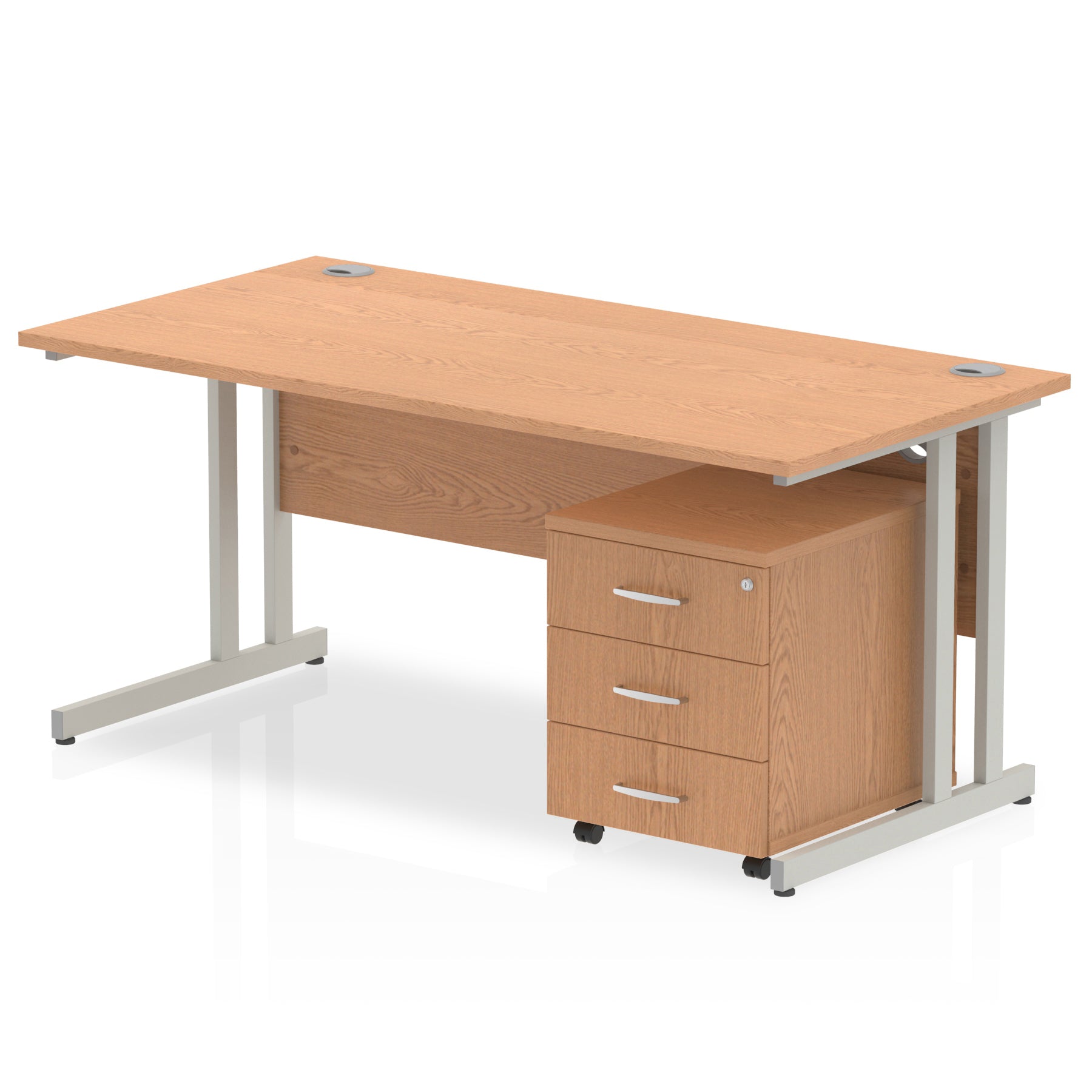 Wood-effect office desk with a matching pedestal unit and a metal frame on a white background