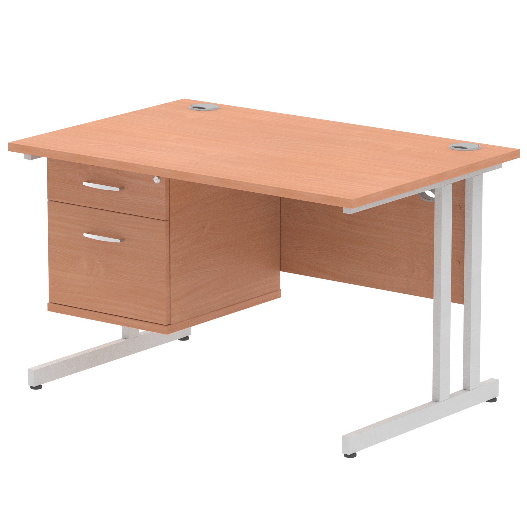 Office desk with wood-effect top and fixed pedestal with metal frame on a white background 
