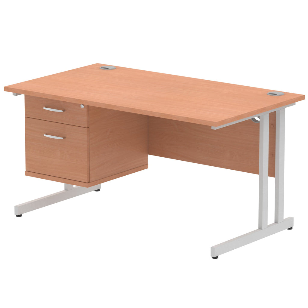 Wood-effect office desk with fixed pedestal and metal legs on a white background