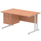 Wood-effect office desk with fixed pedestal and metal legs on a white background