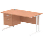 Wood-effect office desk with fixed pedestal and metal legs on a white background