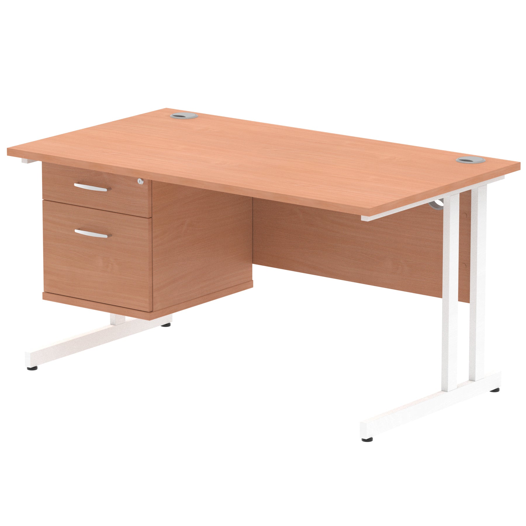 Wood-effect office desk with fixed pedestal and metal legs on a white background