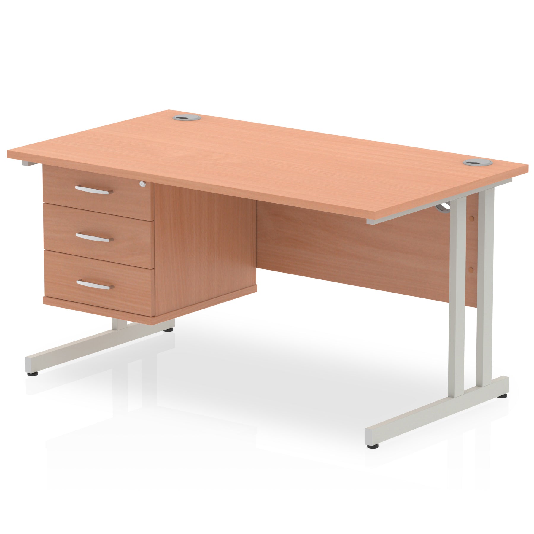 Wood-effect office desk with fixed pedestal and metal legs on a white background