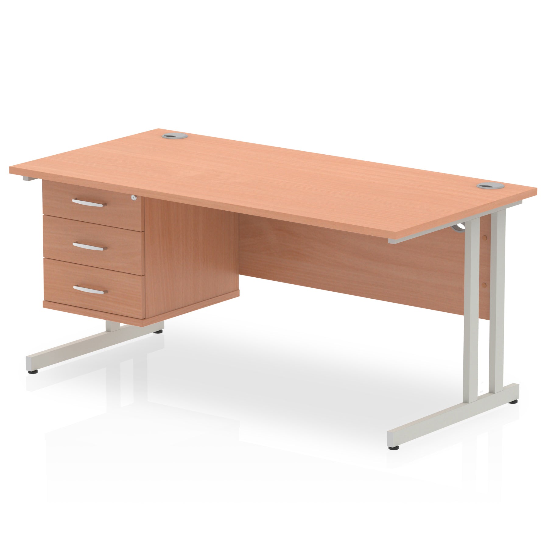 Wood-effect office desk with drawers and metal legs on a white background
