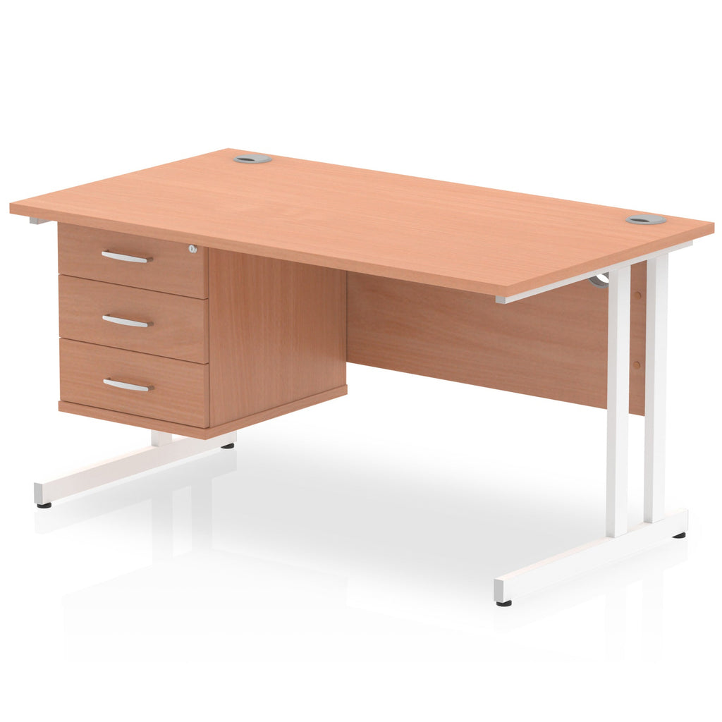 Wood-effect office desk with fixed pedestal and metal legs on a white background