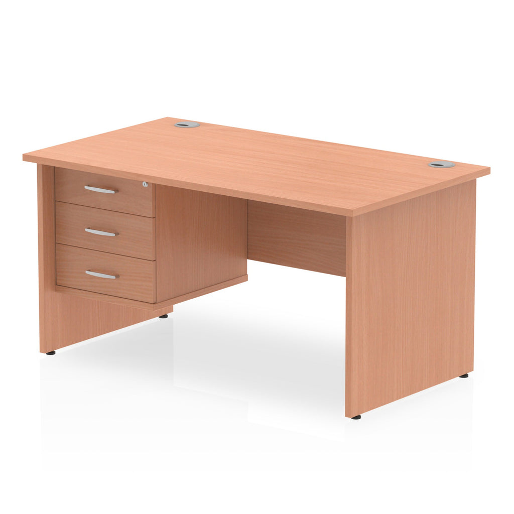 Wood-effect office desk with drawers on a white background