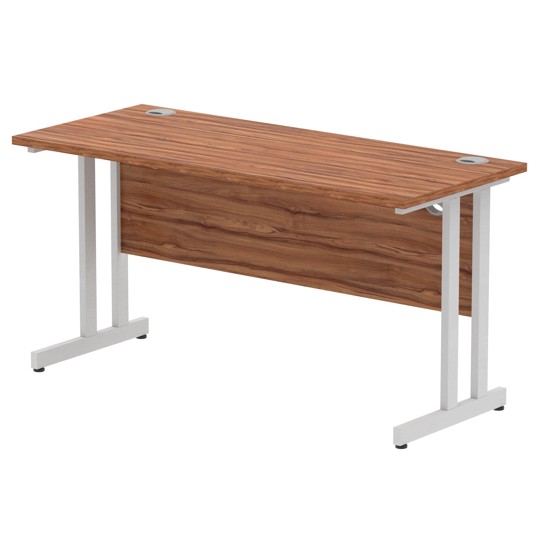Rectangular desk with wood-effect top and metal frame on a white background