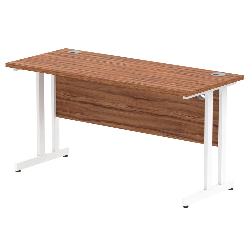 Rectangular desk with wood-effect top and metal frame on a white background