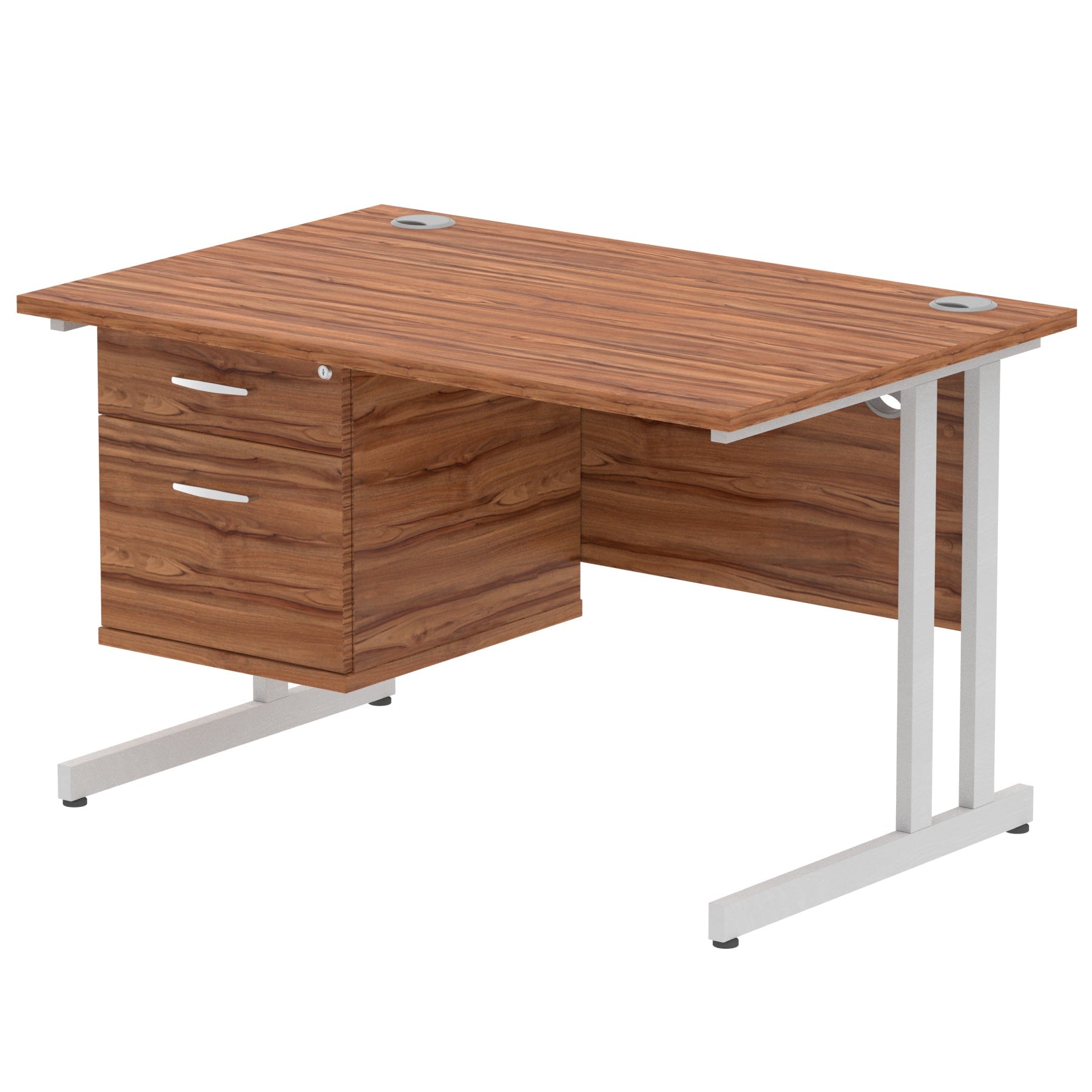 Office desk with wood-effect top and fixed pedestal with metal frame on a white background 
