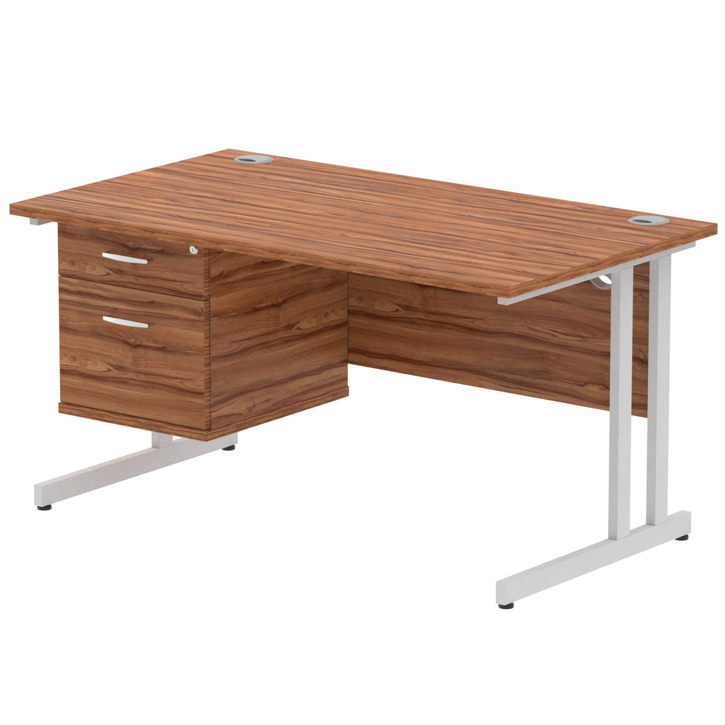 Wood-effect office desk with fixed pedestal and metal legs on a white background