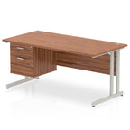 Wood-effect office desk with drawers and metal legs on a white background