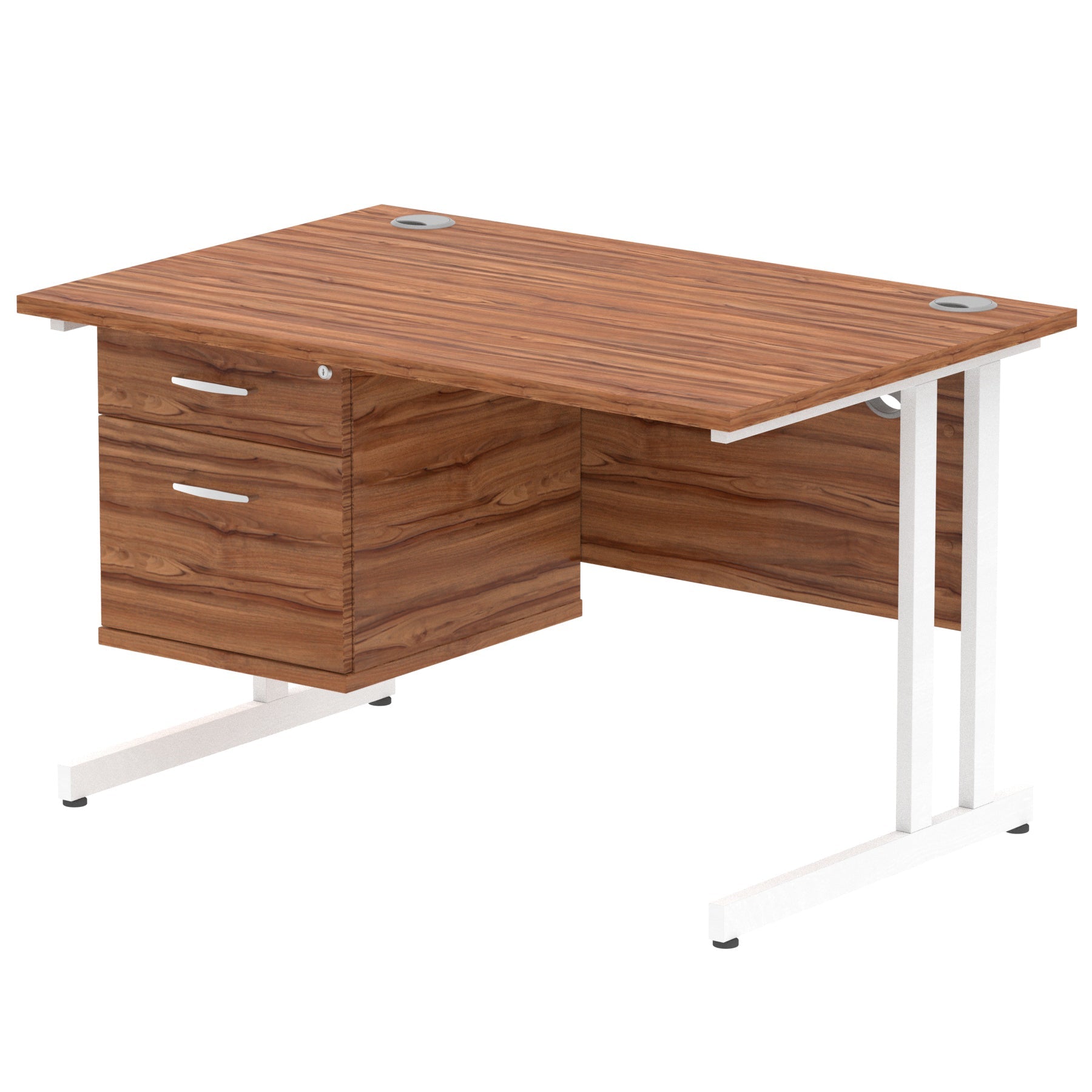 Office desk with wood-effect top and fixed pedestal with metal frame on a white background 
