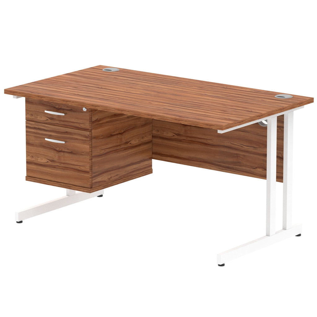 Wood-effect office desk with fixed pedestal and metal legs on a white background