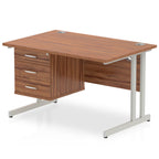 Office desk with wood-effect top and fixed pedestal with metal frame on a white background 