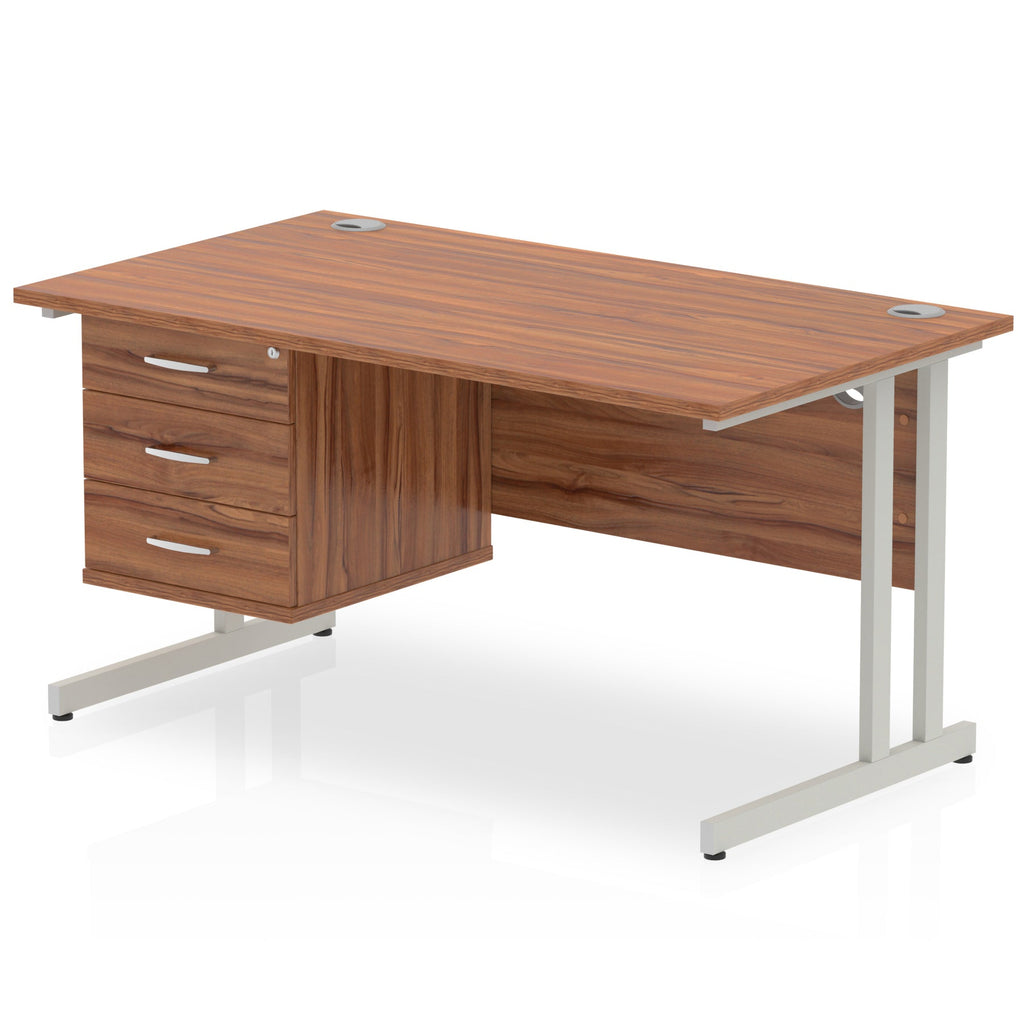 Wood-effect office desk with fixed pedestal and metal legs on a white background