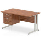 Wood-effect office desk with fixed pedestal and metal legs on a white background